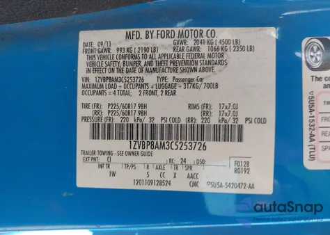 2012 Ford Mustang V6 из США, поврежденный, VIN 1ZVBP8AM3C5253726